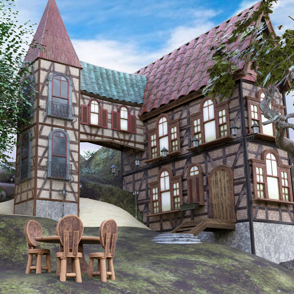 A richly detailed timber-framed house consisting of two connected buildings, nestled on a hillside among gnarled trees. The structures are joined by a small covered bridge. In the foreground, a round wooden table with four matching chairs stands on mossy ground. The sky is bright and lightly clouded.