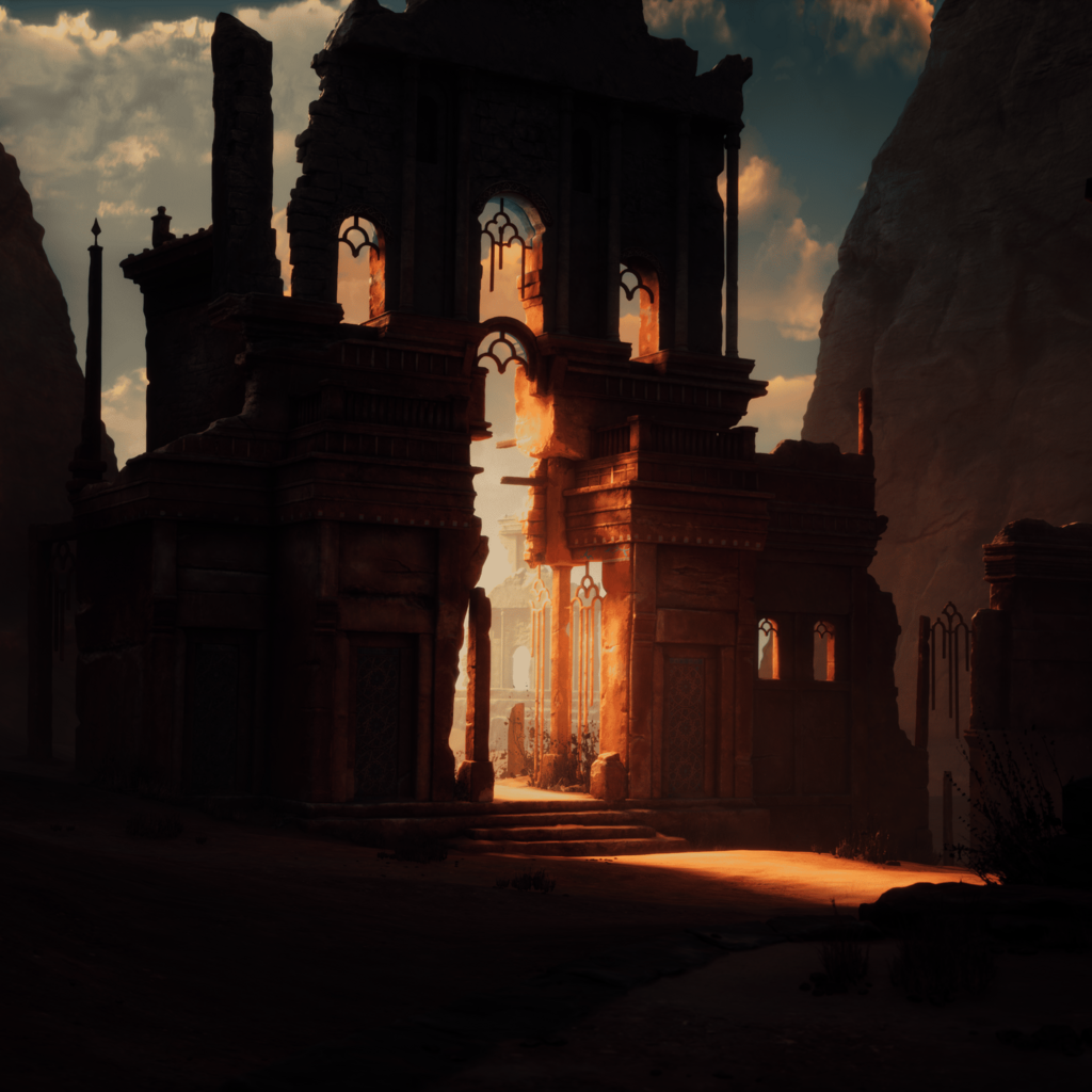 Visual Effects Szene mit antiken Ruinen in einer felsigen Wüstenlandschaft bei Sonnenuntergang.