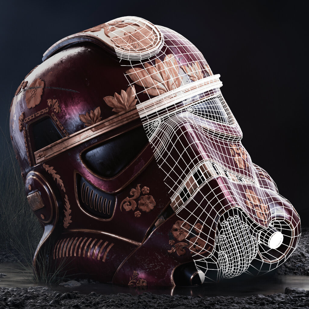 Ein 3D Rendering von einem kunstvoll verzierter Stormtrooper-Helm liegt im Matsch, wobei eine Hälfte das finale texturierte Modell zeigt und die andere Hälfte das zugrundeliegende Wireframe.