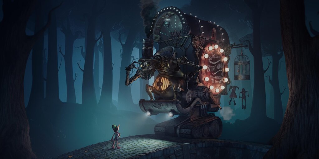 3D-animierte Szene mit Pinocchio, der in einem dunklen, geheimnisvollen Wald auf einen mechanischen Schaustellerwagen trifft
