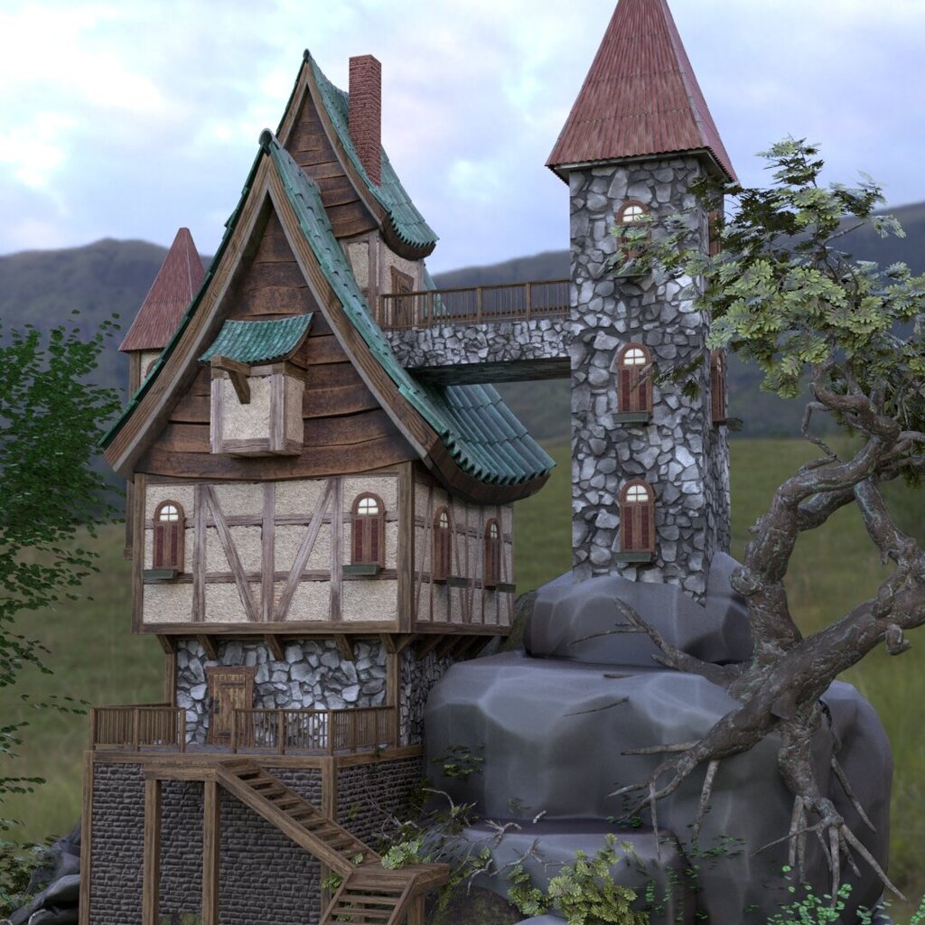 A whimsical house featuring half-timbered and natural stone walls stands atop a rocky formation in a lush hilly landscape. The structure has a pointed green-tiled roof, several gables, and is connected by a small bridge to a round stone tower. In the foreground, a gnarled tree extends into the scene.