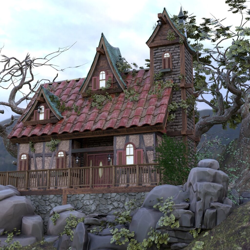 A fairytale-like stone house with a red tiled roof and multiple gables sits on a rocky hill. The facade features rough masonry, timber-framed elements, and red shutters. Climbing plants cover parts of the wall, and two gnarled trees with sparse leaves rise on either side. Rolling green hills stretch out under a cloudy sky in the background.
