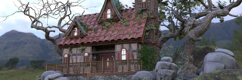 A fairytale-like stone house with a red tiled roof and multiple gables sits on a rocky hill. The facade features rough masonry, timber-framed elements, and red shutters. Climbing plants cover parts of the wall, and two gnarled trees with sparse leaves rise on either side. Rolling green hills stretch out under a cloudy sky in the background.