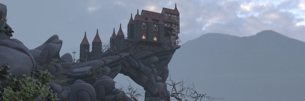 Fantasy castle-like architecture with pointed towers perched on a dramatic stone arch, set in a misty mountain landscape with bare trees and mossy terrain.