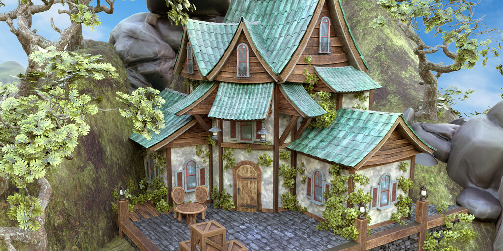 A whimsical, digitally modeled house with red roof tiles, wooden beams, and climbing plants, set in a rocky landscape. The scene is brightly lit in a fairytale-like atmosphere.