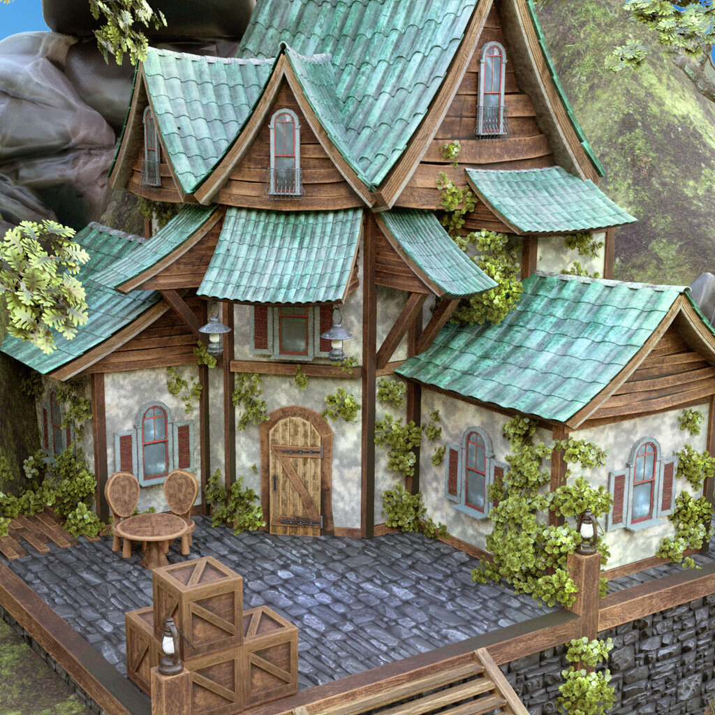 A whimsical, digitally modeled house with red roof tiles, wooden beams, and climbing plants, set in a rocky landscape. The scene is brightly lit in a fairytale-like atmosphere.