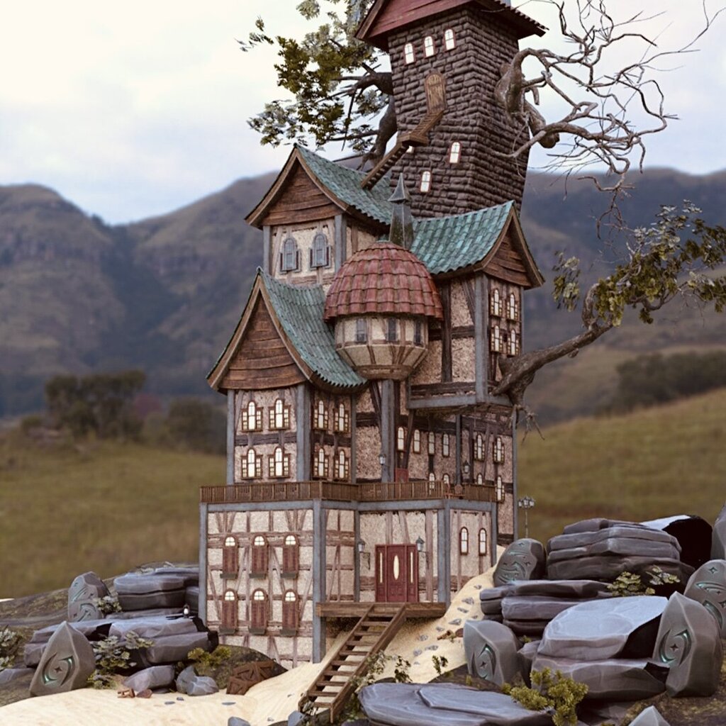 A whimsical and detailed 3D house with towers, a bay window, and a green tiled roof stands in a hilly landscape. The building is made of stone and wood and is surrounded by mystical rocks engraved with symbols.
