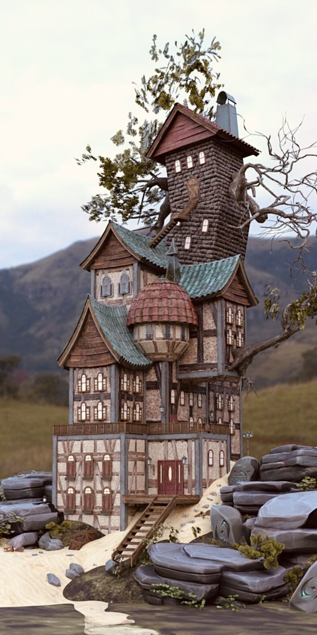 A whimsical and detailed 3D house with towers, a bay window, and a green tiled roof stands in a hilly landscape. The building is made of stone and wood and is surrounded by mystical rocks engraved with symbols.