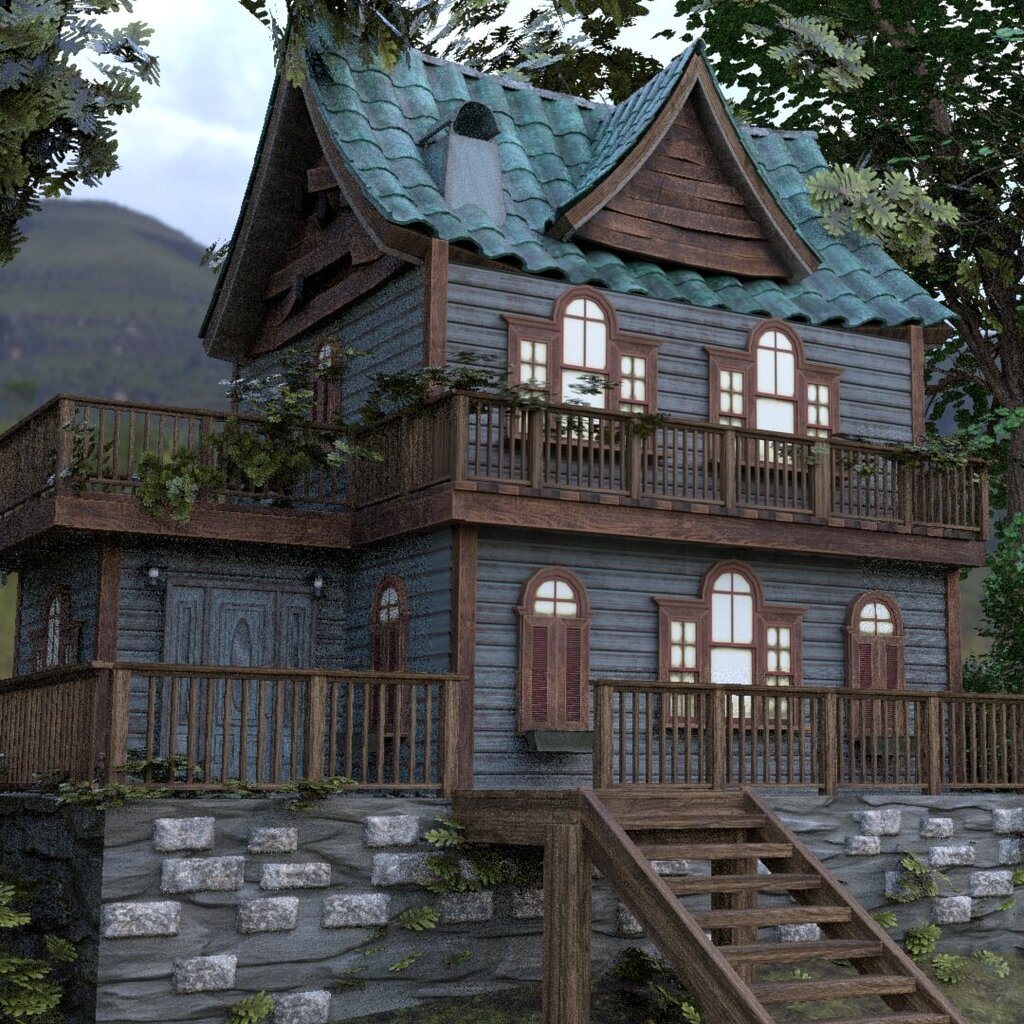 A two-story 3D wooden house with a green tiled roof and symmetrical window layout, built on a stone foundation. The house features two large wooden terraces and is surrounded by lush greenery, trees, and rocks in a mountainous landscape.
