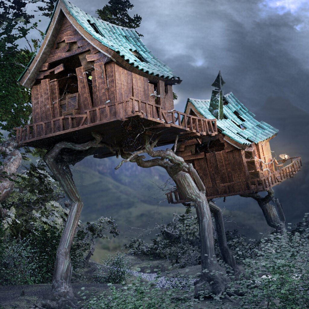 A whimsical wooden house with green roof tiles stands atop two enormous, tree-like legs, lifting it into the air—resembling a magical living creature. The scene is set in a dense, dark forest under a stormy, dramatic sky. The overall mood is mystical and slightly eerie, as if the house itself has come alive.