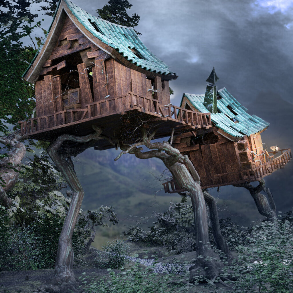 A whimsical wooden house with green roof tiles stands atop two enormous, tree-like legs, lifting it into the air—resembling a magical living creature. The scene is set in a dense, dark forest under a stormy, dramatic sky. The overall mood is mystical and slightly eerie, as if the house itself has come alive.