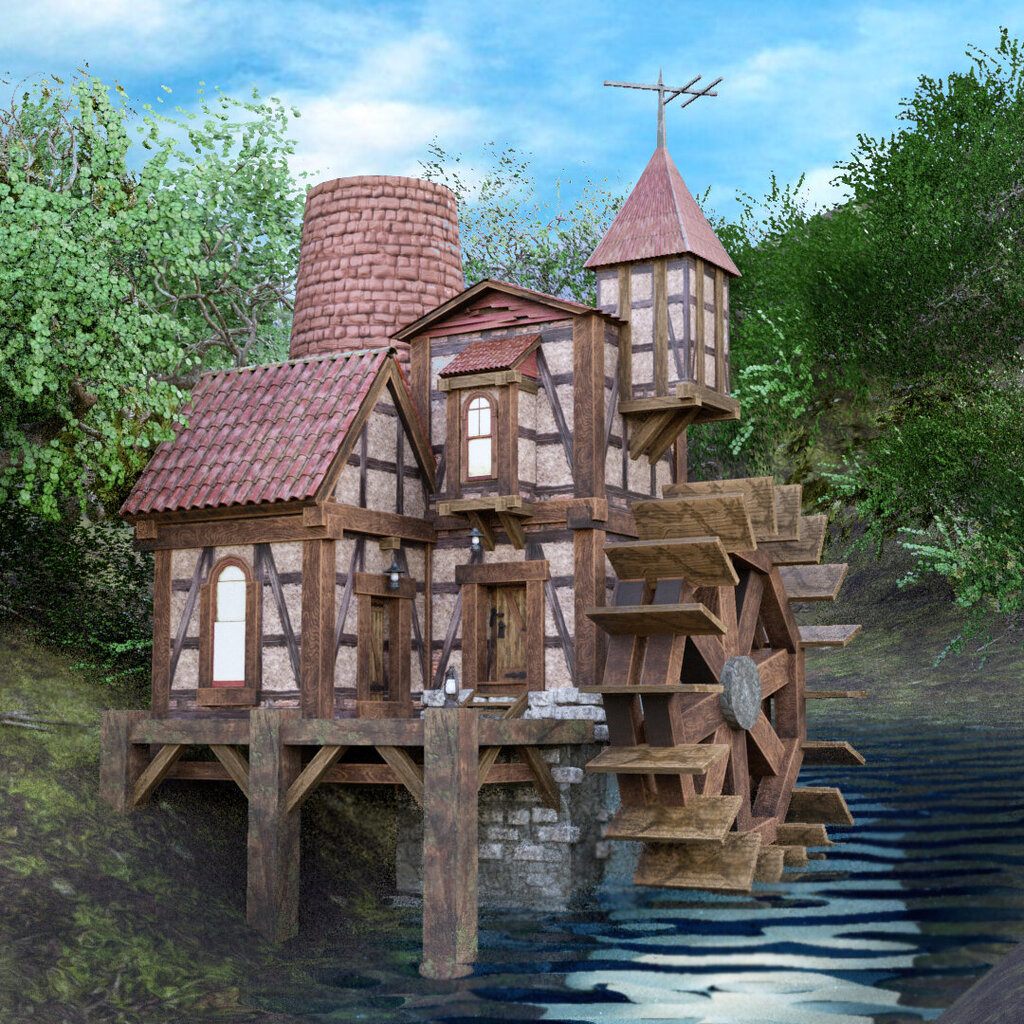 A picturesque fantasy-style house with curved green roof tiles, rustic wooden beams, and weathered plaster walls, nestled into a rocky mountain slope surrounded by mossy hills and twisted trees. A small stone terrace in front features two carved wooden chairs and a round table, with stacked wooden crates in one corner and lanterns lining the railing.