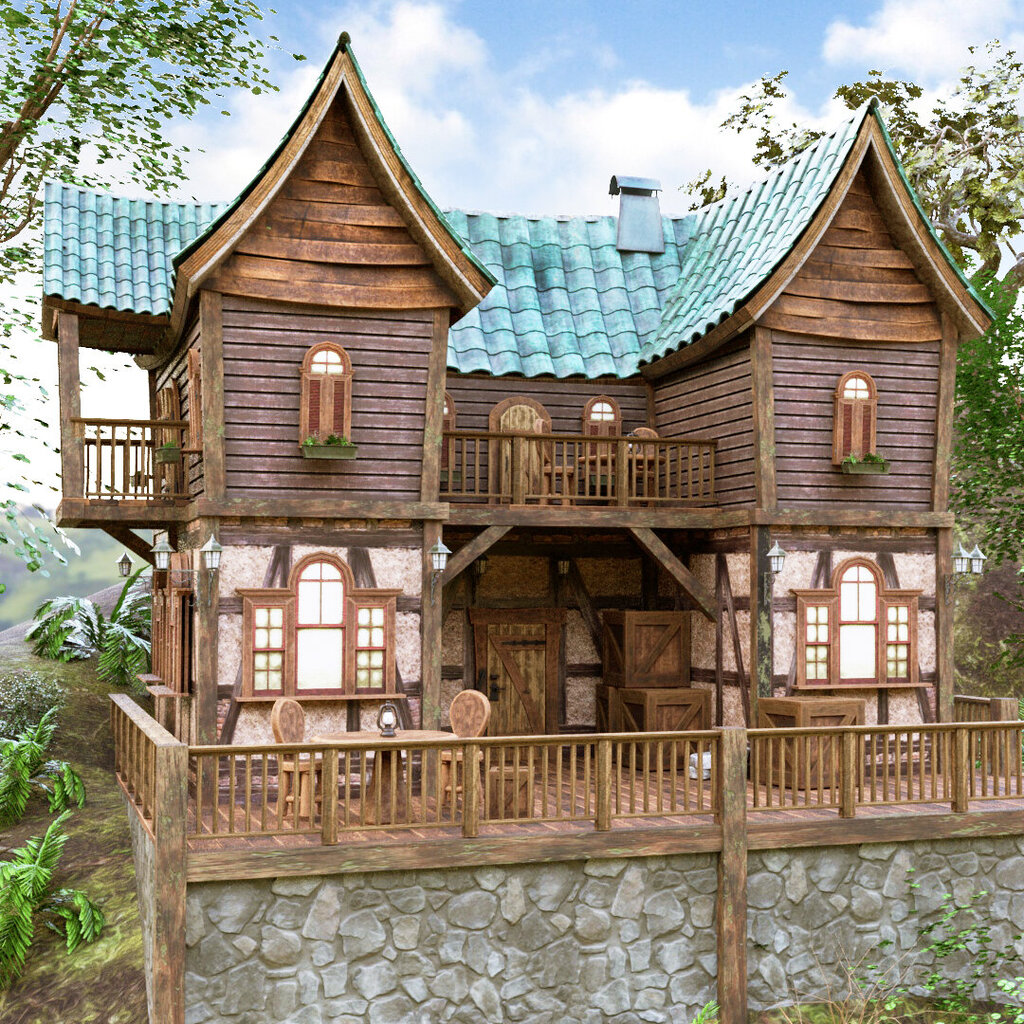 A charming watermill house featuring timber framing and red tile roofs, stretching over a small stream. A large wooden water wheel dips into the water, and the structure includes turrets, a protruding bay window, and a brick chimney. The house is nestled among grassy hills and twisted trees. A rooftop antenna adds a humorous modern touch to the medieval-fantasy aesthetic.