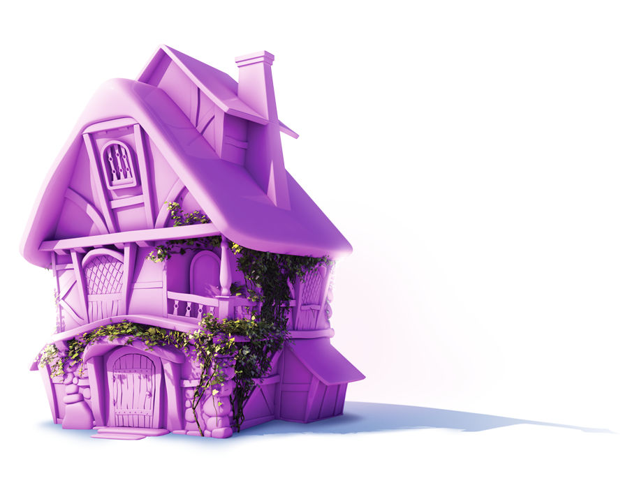 A stylized, fairytale-like house model in vibrant violet, featuring ornate windows and a façade partially covered in vines and foliage; the model is lit with soft highlights and casts a gentle blue shadow onto the light background.