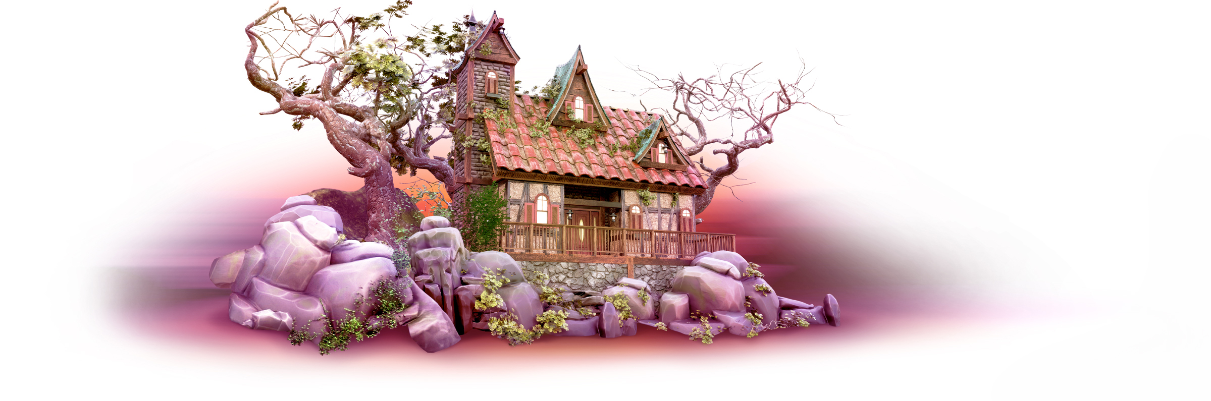 3D model of a fairy-tale-style house with a red tiled roof, surrounded by large pink-purple rocks and gnarled trees with sparse foliage, set against a white background with a pink gradient.