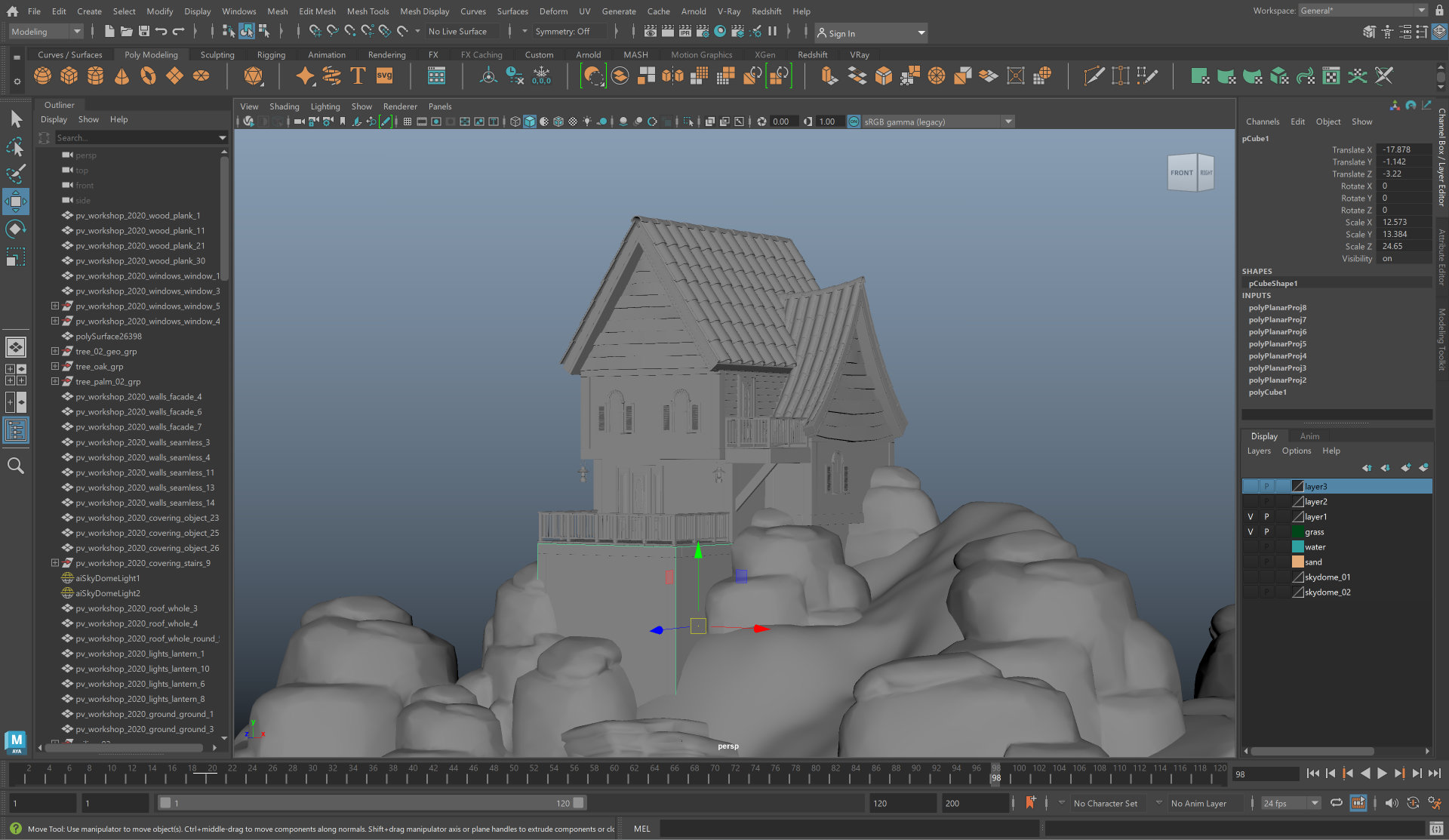 Untextured 3D model of a house in Autodesk Maya, fully in grayscale, including rocky terrain and basic lighting.