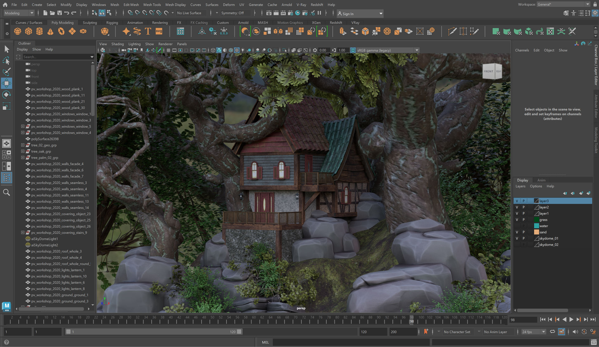 3D render of a house with red and green shingles, nestled among large gnarled trees. Displayed in Autodesk Maya interface with realistic textures, rocks, and foliage.