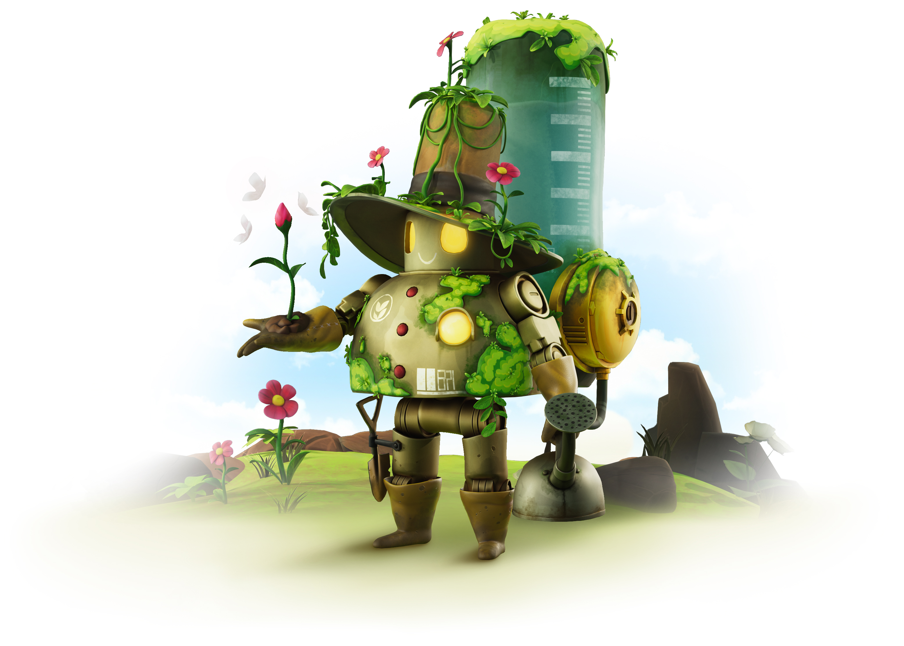 Cute, 3D-rendered robot overgrown with greenery and flowers, wearing a wide-brimmed hat and holding a watering can, gently presenting a flower bud in a natural environment.