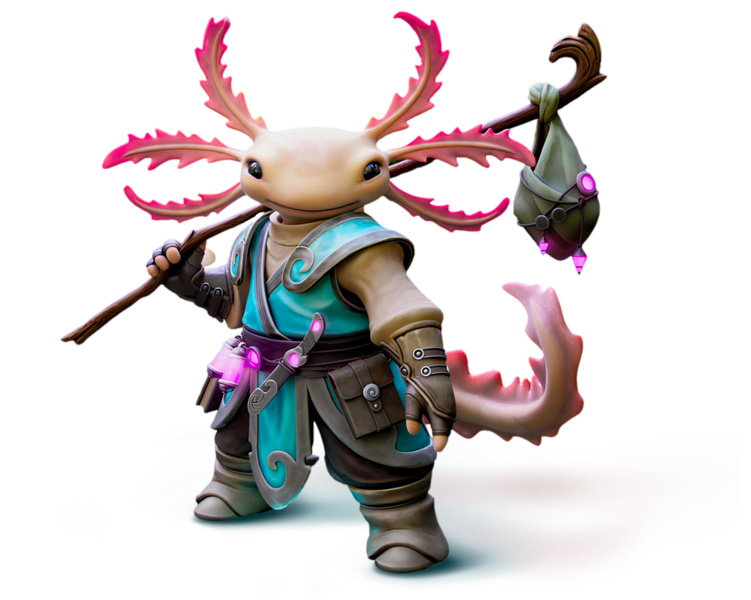 3D-rendered fantasy creature resembling a standing axolotl with bright pink gills, dressed in blue warrior robes and carrying a staff with crystals and a pouch slung over the shoulder.